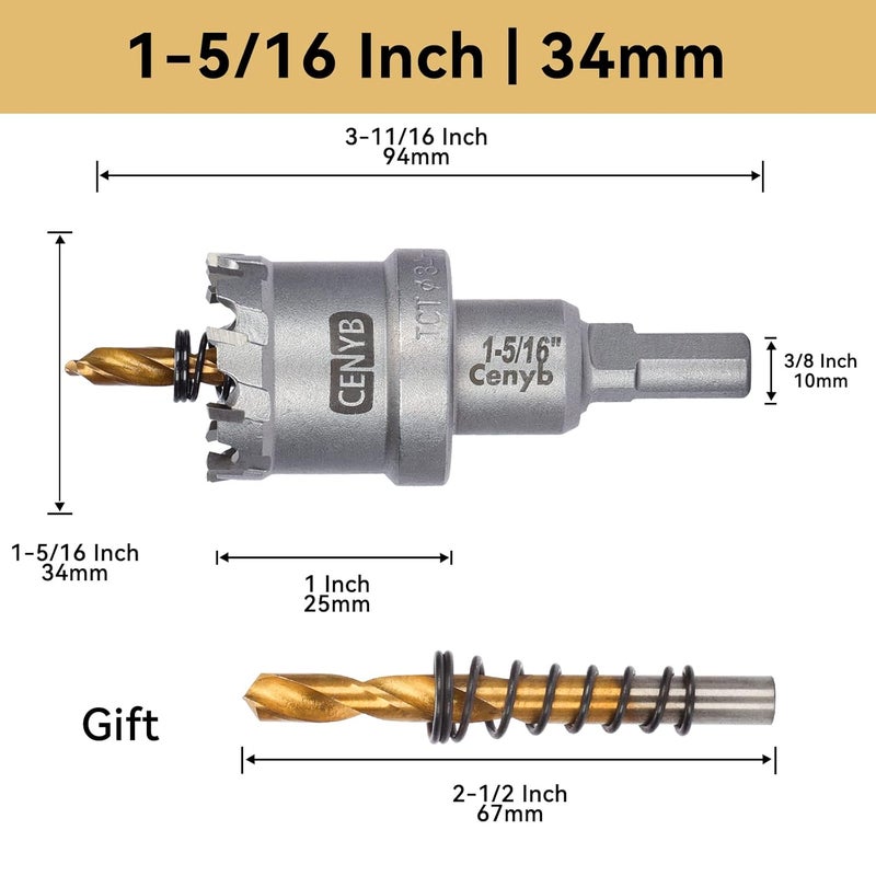 cenyb 1-5/16" (34mm) Tungsten Carbide Tipped Hole Saw with 2Pcs Titanium-Plated Pilot Drill Bits for Hard Metal,Stainless Steel,Iron,Aluminum Alloy,Wood and Plastic - Image 2